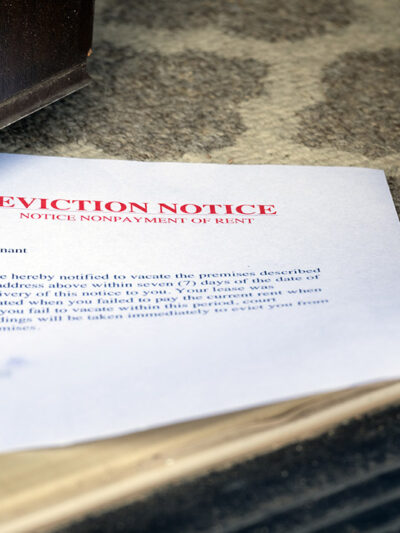 A stock photo of an eviction noticed, placed in an open door.