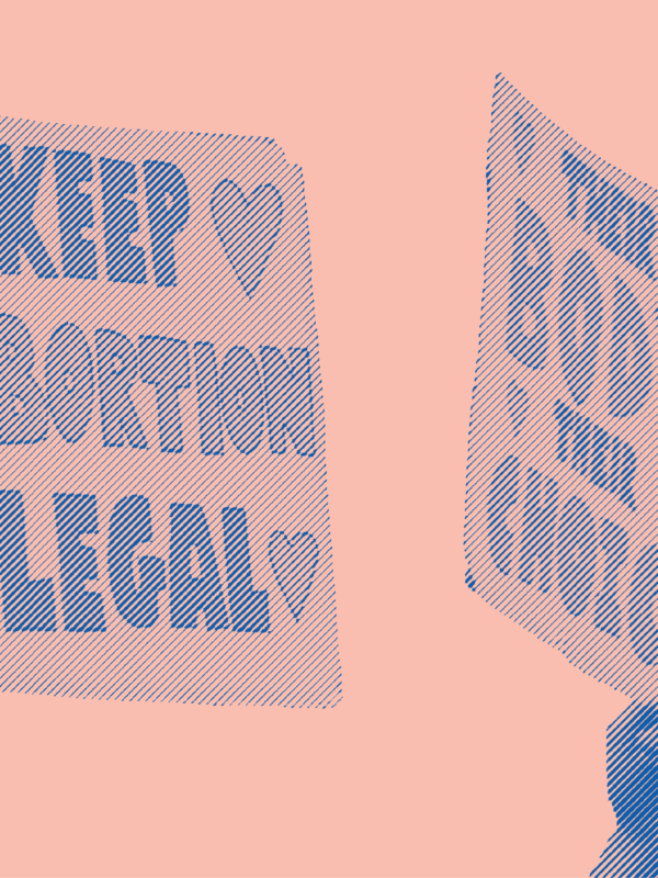 Two signs are being held at a protest. The first sign says "Keep Abortion Legal". The second sign says "Their Body Their Choice"