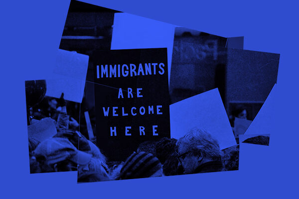 A collage of images pertaining to immigration.