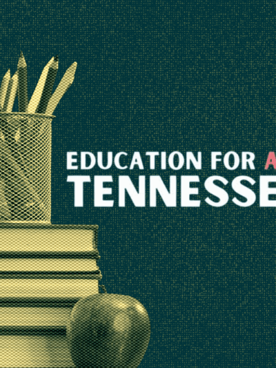stack of books with cup of pencils and apple, "Education for All TN" Logo