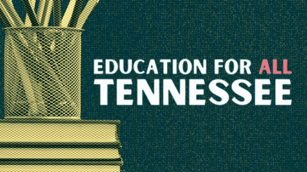 stack of books with cup of pencils and apple, "Education for All TN" Logo