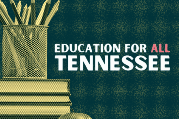 stack of books with cup of pencils and apple, "Education for All TN" Logo