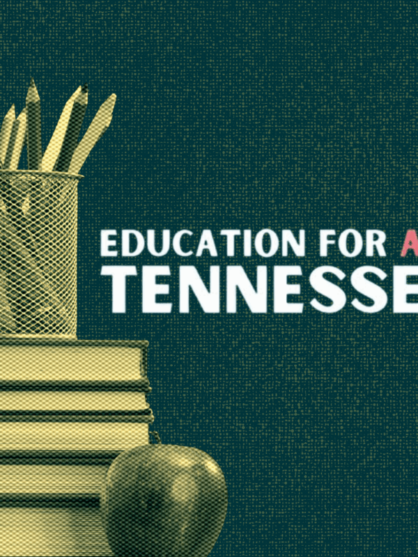 stack of books with cup of pencils and apple, "Education for All TN" Logo
