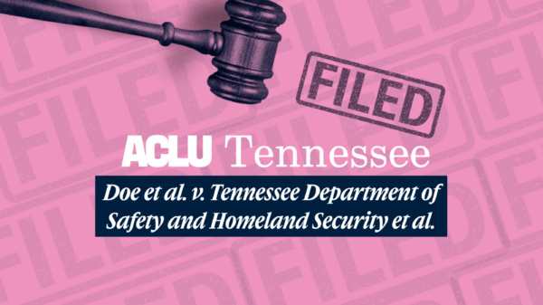 gavel hovering over logo with case name, file stamp on top