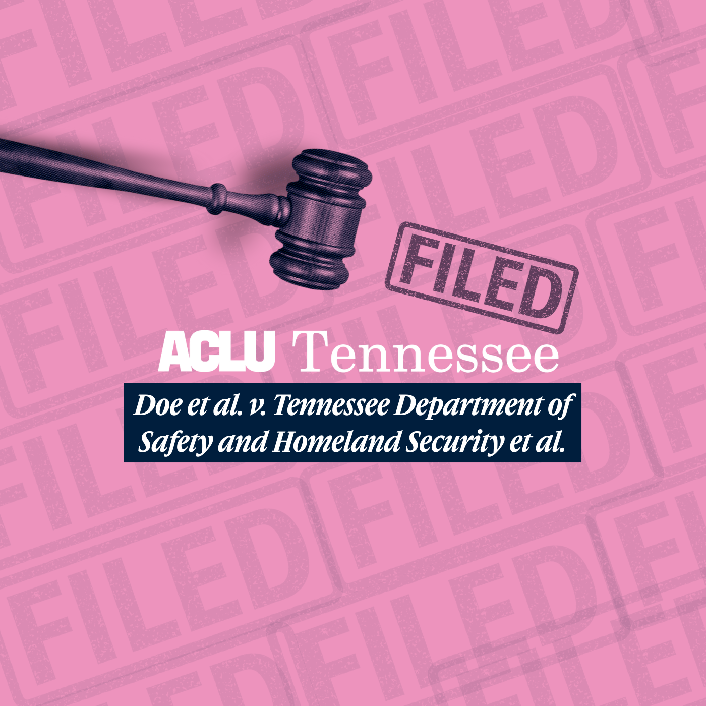 gavel hovering over logo with case name, file stamp on top