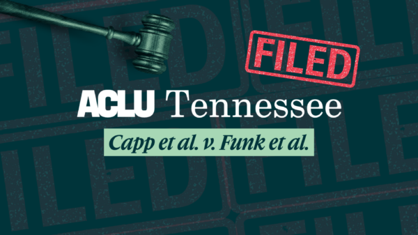 gavel hovering over case name and logo, "filed" stamp on top,