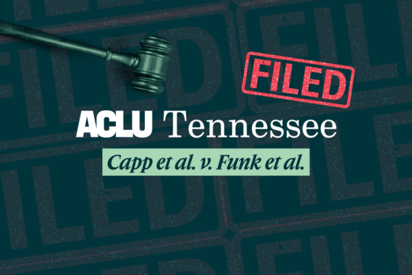 gavel hovering over case name and logo, "filed" stamp on top,