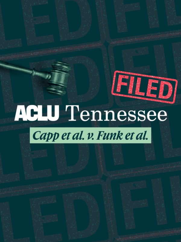 gavel hovering over case name and logo, "filed" stamp on top,