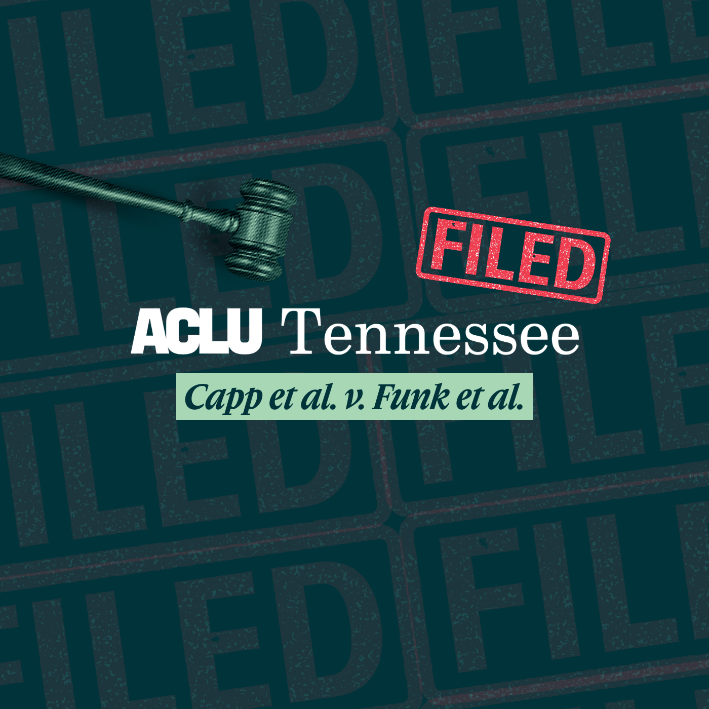 gavel hovering over case name and logo, "filed" stamp on top,