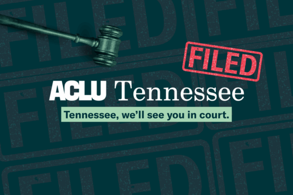 banner for litigation with logo, "Tennessee, we'll see you in court," "Filed" stamp, and gavel