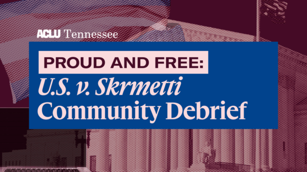 banner for webinar with supreme court building, trans pride flag, and name of webinar