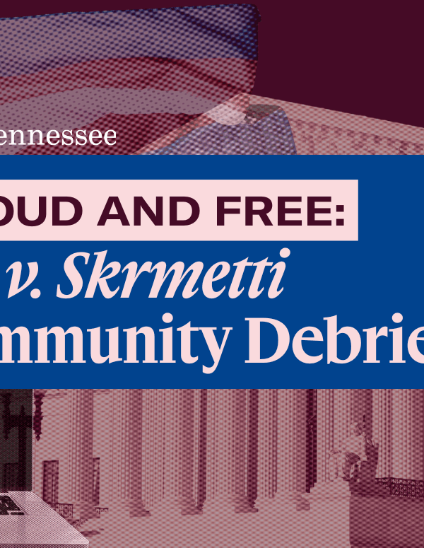 banner for webinar with supreme court building, trans pride flag, and name of webinar