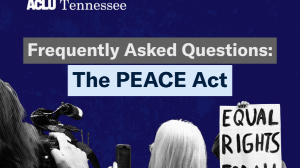 banner icon for FAQ on PEACE Act with title, photos of people holding cameras