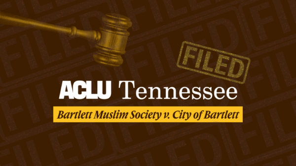 gavel hovering over logo with name of case underneath, filed stamp on top