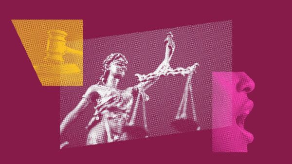 Stylized collage featuring the scales of justice, a judge’s gavel, and a person speaking—symbolizing law, accountability, and the power of public voice.