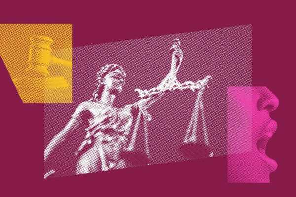 Stylized collage featuring the scales of justice, a judge’s gavel, and a person speaking—symbolizing law, accountability, and the power of public voice.