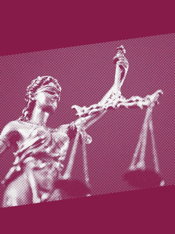 Stylized collage featuring the scales of justice, a judge’s gavel, and a person speaking—symbolizing law, accountability, and the power of public voice.