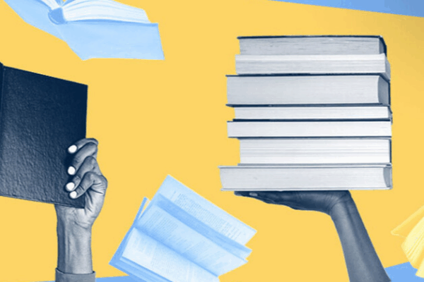 Blue and Yellow Collage of Textbooks and hands