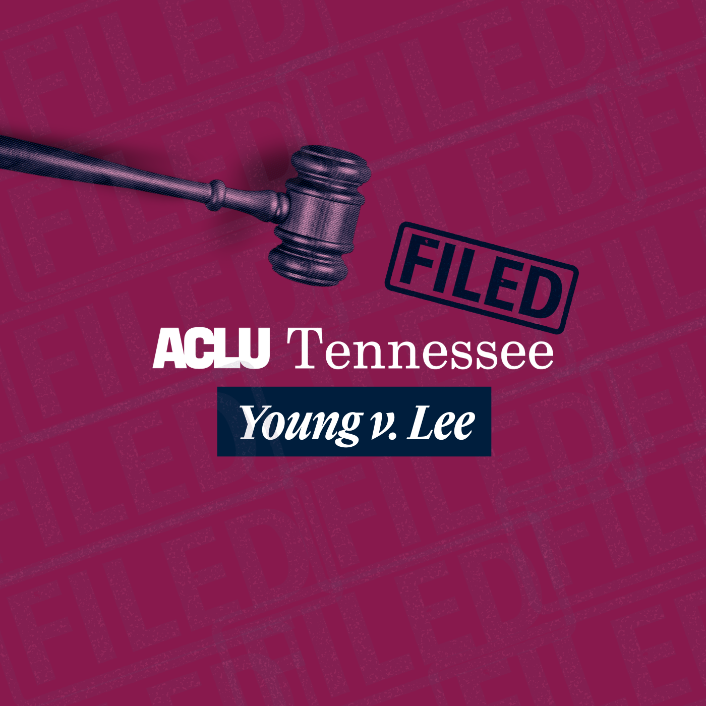 Gavel hovering over ACLU of Tennessee logo, a filed stamp above the logo, and the case name underneath the logo "Young v. Lee"