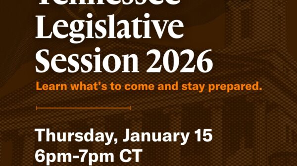 Brown and white graphic announcing the details of the Preview Webinar for the Tennessee Legislative Session 2026.