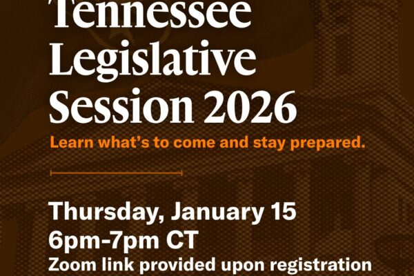 Brown and white graphic announcing the details of the Preview Webinar for the Tennessee Legislative Session 2026.