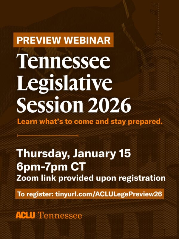 Brown and white graphic announcing the details of the Preview Webinar for the Tennessee Legislative Session 2026.