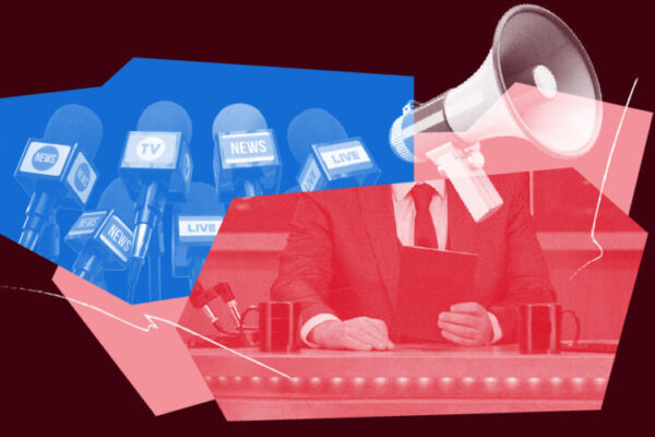 Illustrated podium with microphones and a megaphone, symbolizing free speech, press freedom, and democratic expression.