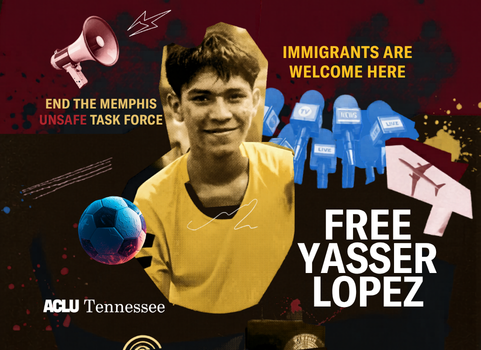 A graphic featuring of young man in yellow soccer jersey with slogans that support immigration surrounding him.