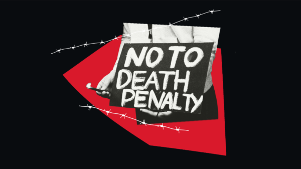 Read and black graphic with barb wire and a sign that says "NO TO DEATH PENALTY."
