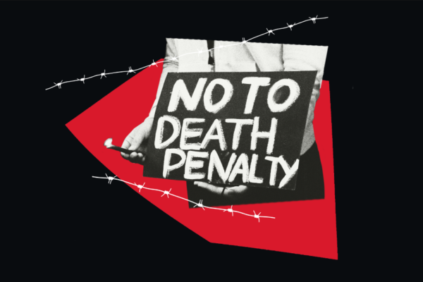 Read and black graphic with barb wire and a sign that says "NO TO DEATH PENALTY."