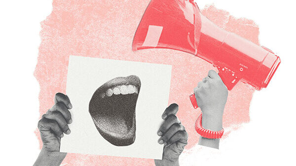 A red and grayscale collage of a mouth, megaphone, and protest sign, all symbolically representing free speech.