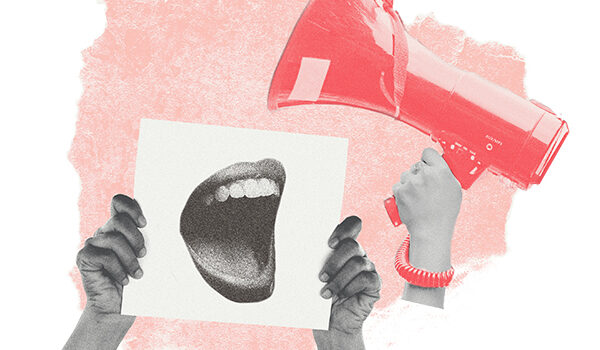 A red and grayscale collage of a mouth, megaphone, and protest sign, all symbolically representing free speech.
