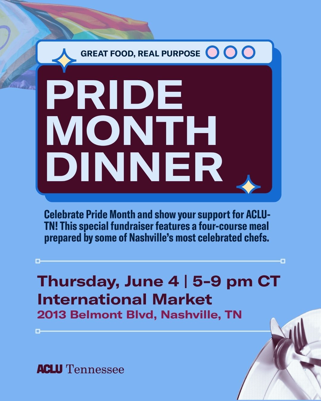 Graphic announcing ACLU-TN Pride Month Dinner