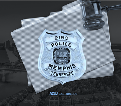 A graphic collage with a Memphis police department badge, file folders, and gavel.