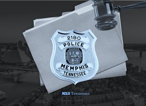A graphic collage with a Memphis police department badge, file folders, and gavel.