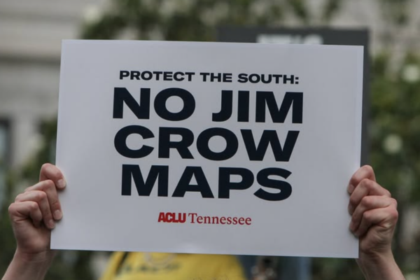 Person holding a sign that says No Jim Crow Maps.