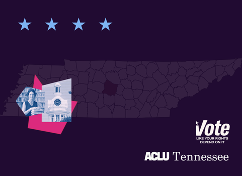 Tennessee map with Rutherford County highlighted. Woman holding books. Vote like your rights depend on it logo. ACLU Tennessee logo.