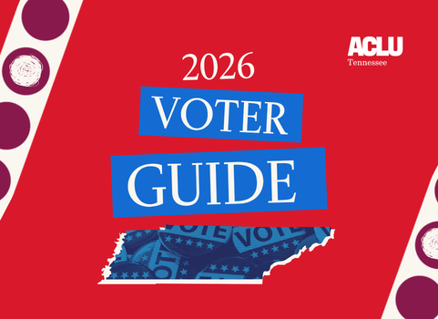 Red Cover with the words VOTER GUIDE in white text on a blue background.