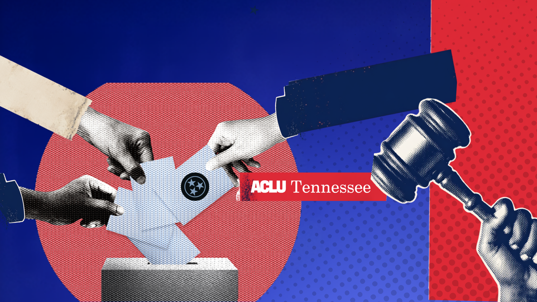 A collage of three hands placing a ballot in a voting box.