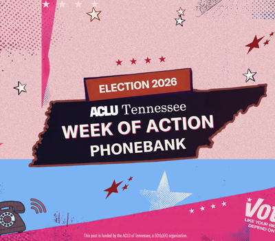 Flyer for the ACLU of Tennessee Election 2026 Week of Action Phonebank. Text reads: “Help reach 10,000 Memphis-area voters. Commit to 2 shifts. Receive training. Bring a friend.” A progress bar shows 4,000 calls made and 6,000 to go. Shifts run Sunday, Oct. 18, 3 to 5 PM CT, and Monday through Thursday, Oct. 19 to 22, 6 to 8 PM CT. A QR code links to sign-up, next to the words “Sign up today!”