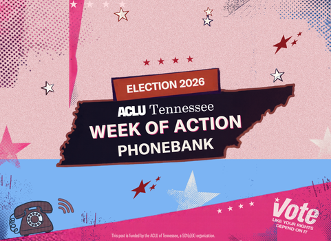 Flyer for the ACLU of Tennessee Election 2026 Week of Action Phonebank. Text reads: “Help reach 10,000 Memphis-area voters. Commit to 2 shifts. Receive training. Bring a friend.” A progress bar shows 4,000 calls made and 6,000 to go. Shifts run Sunday, Oct. 18, 3 to 5 PM CT, and Monday through Thursday, Oct. 19 to 22, 6 to 8 PM CT. A QR code links to sign-up, next to the words “Sign up today!”