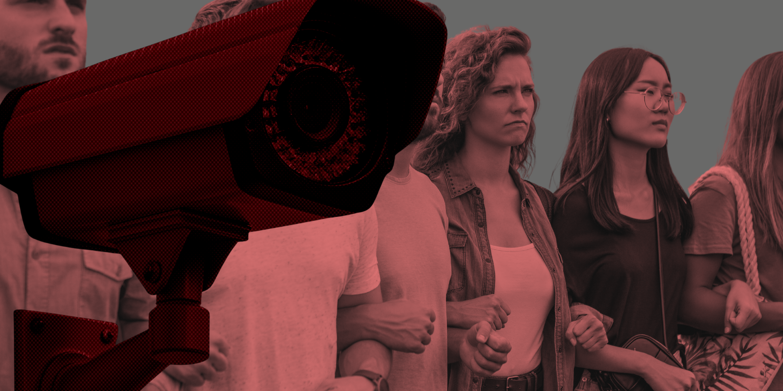 people arm in arm with a surveillance camera overtop of them