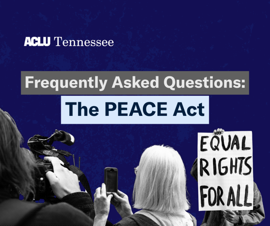 banner icon for FAQ on PEACE Act with title, photos of people holding cameras
