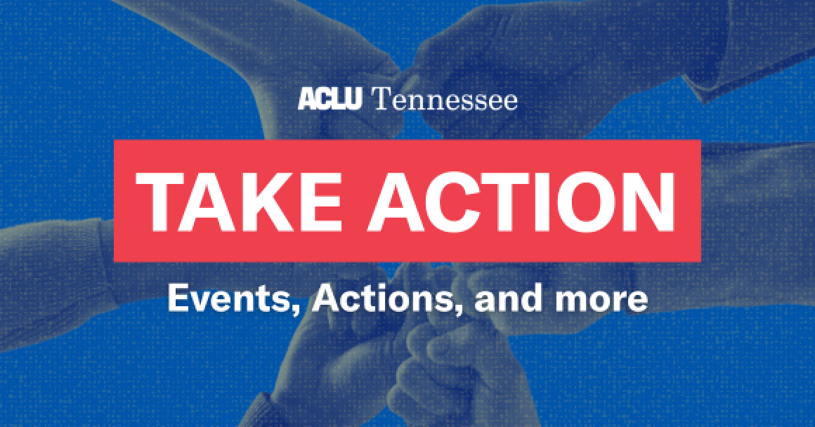 fists bumping in the middle, text with "TAKE ACTION: Events, Actions, and More"